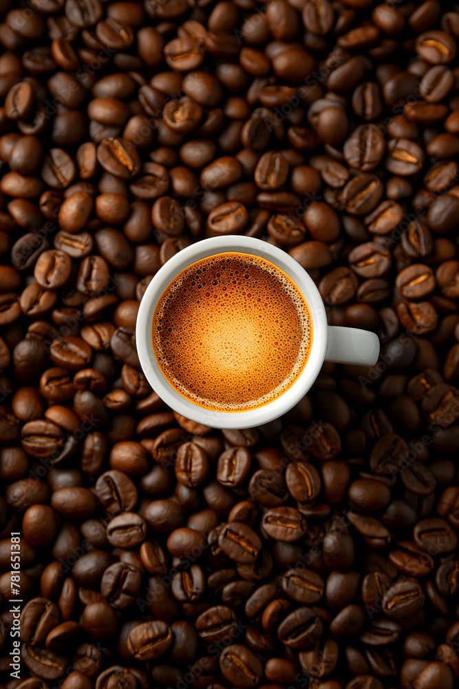 Fototapeta premium Freshly Brewed Coffee in a Black Cup Surrounded by Coffee Beans