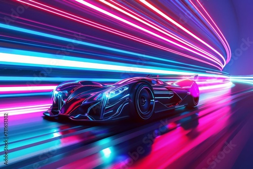 Futuristic Sports Car Racing on Neon Highway with Motion Blur and Vivid Light Trails, 3D Illustration