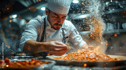 Chef sprinkling spices on dish in commercial kitchen.