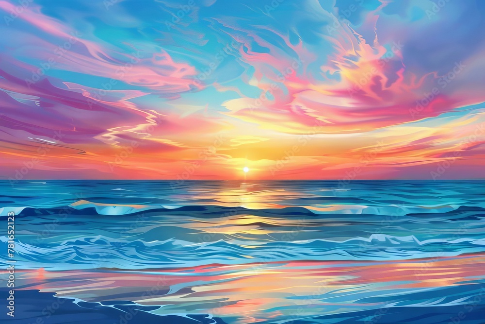 Panoramic View of Colorful Sunset Sky over Blue Ocean, Beautiful Spring Evening at the Beach, Vector Landscape