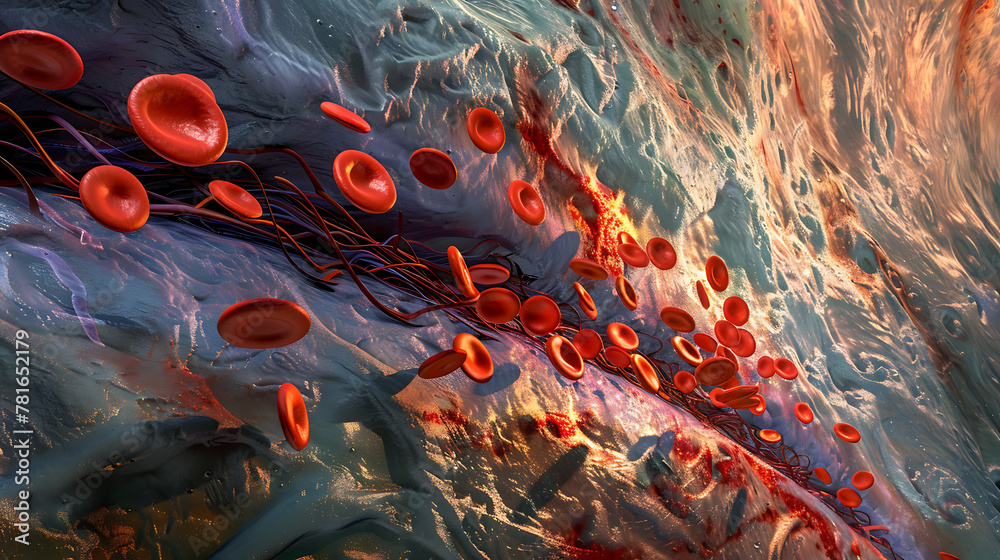 Obraz premium computer-generated illustration depicts red blood cells flowing through a vein or artery