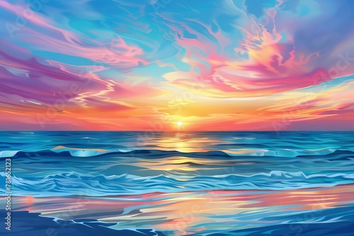 Panoramic View of Colorful Sunset Sky over Blue Ocean, Beautiful Spring Evening at the Beach, Vector Landscape © furyon