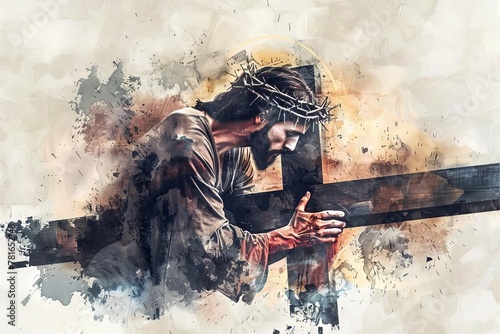 Poignant Digital Watercolor of Jesus Taking Up His Cross, Christian Religious Illustration photo