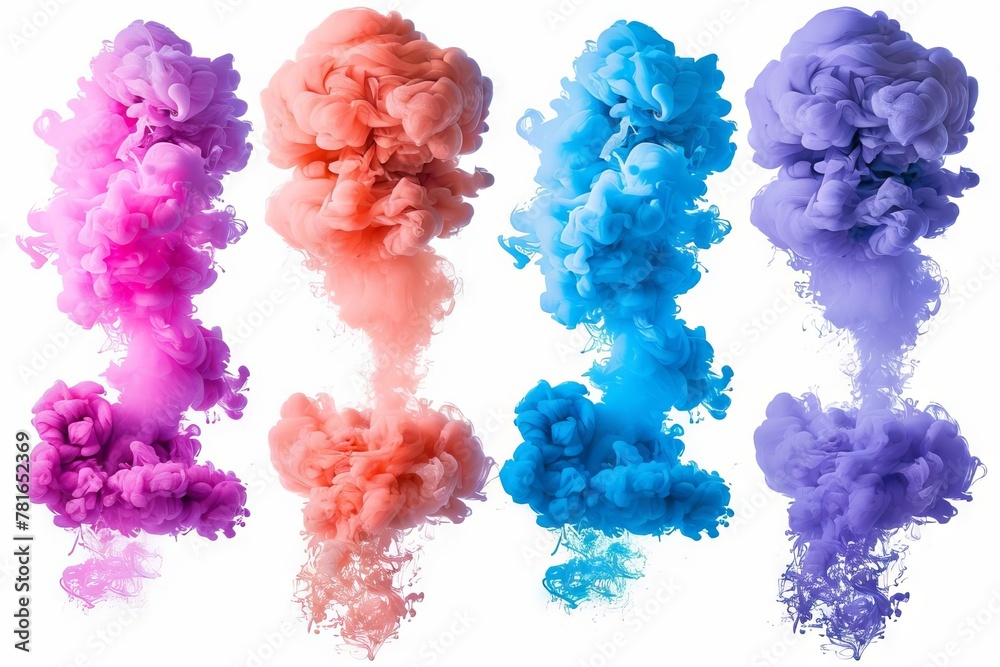 Set of colorful smoke bomb explosions isolated on white background, vibrant abstract shapes Set of colorful smoke bomb explosions isolated on white background, vibrant abstract shapes