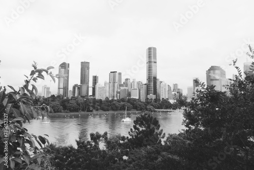 Brisbane kangaroo point lookout & river with city skyline buildings in b&w.