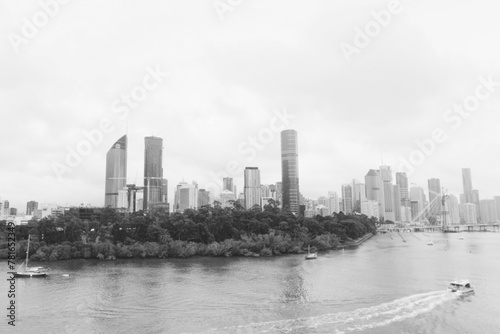Brisbane kangaroo point lookout & river with city skyline buildings in b&w.