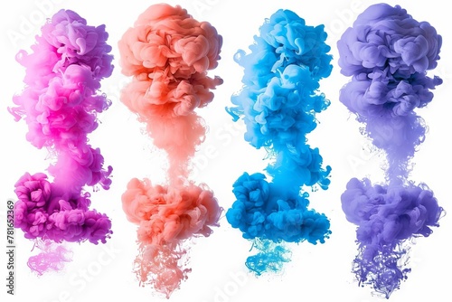 Set of colorful smoke bomb explosions isolated on white background, vibrant abstract shapes