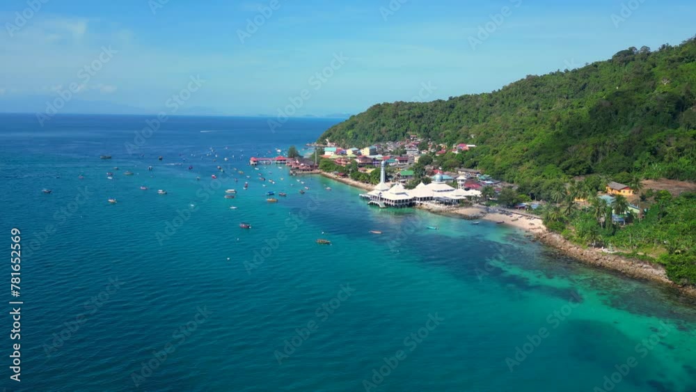 coastal village and floating mosque. Fabulous aerial top view flight drone coastal village and floating mosque. Fabulous aerial top view flight drone