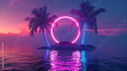 beautiful island with a retro style neon circle with a large lake and a sunset in high resolution and high quality HD
