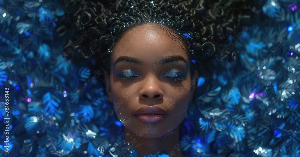 African American calm woman with vibrant blue eye shadow lies amongst a blanket of blue butterflies, exuding peace and tranquility