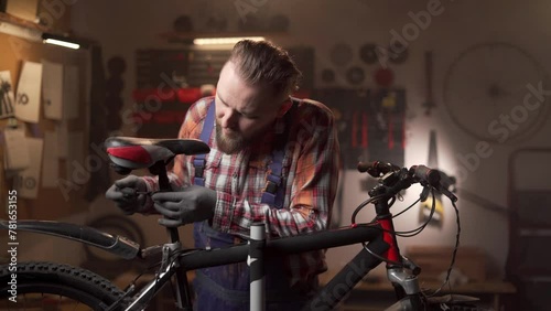 Young technician working repair bike in his garage, unscrews the seat with a screwdriver photo