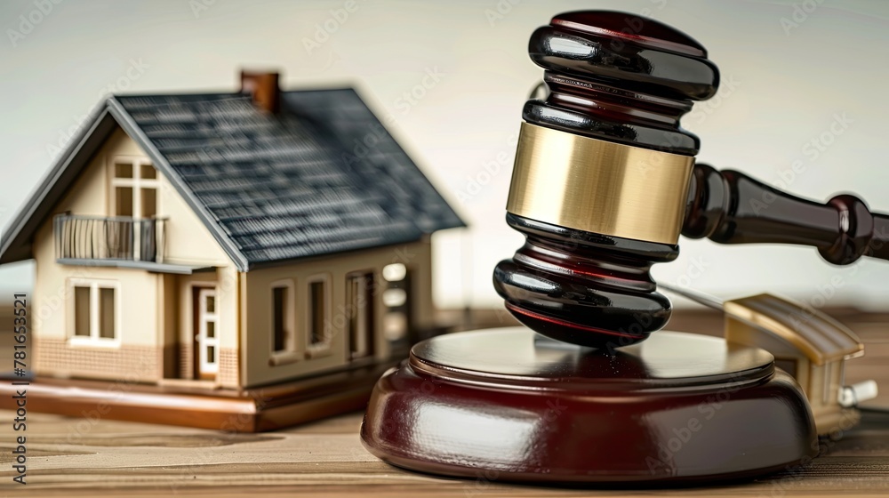 A gavel and miniature house on a wooden surface, symbolizing real estate law, auctions, and property decisions A gavel and miniature house on a wooden surface, symbolizing real estate law, auctions, and property decisions