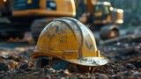 A worn yellow hard hat abandoned on a construction site with heavy machinery in the background, soft tones, fine details, high resolution, high detail, 32K Ultra HD, copyspace