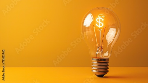 Glowing light bulb with dollar sign filament on yellow background, soft tones, fine details, high resolution, high detail, 32K Ultra HD, copyspace
