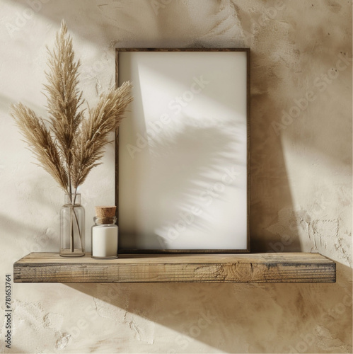 rustic shelf with a simple blank wall art frame for mockup, neautral tones, faded, cottagecore, beautiful, do not black frame.  photo