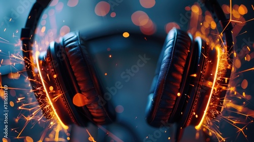 Headphones with fiery sparks representing hot music beats, soft tones, fine details, high resolution, high detail, 32K Ultra HD, copyspace