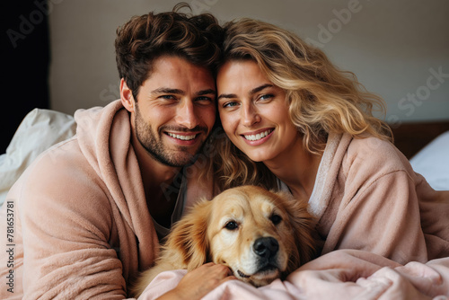 Couple in Love Cuddling with Happy Golden Retriever