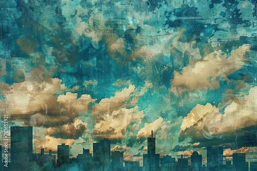Surreal Cloudscape Above City in Style of Van Gogh Oil Paintings, Abstract Illustration Background