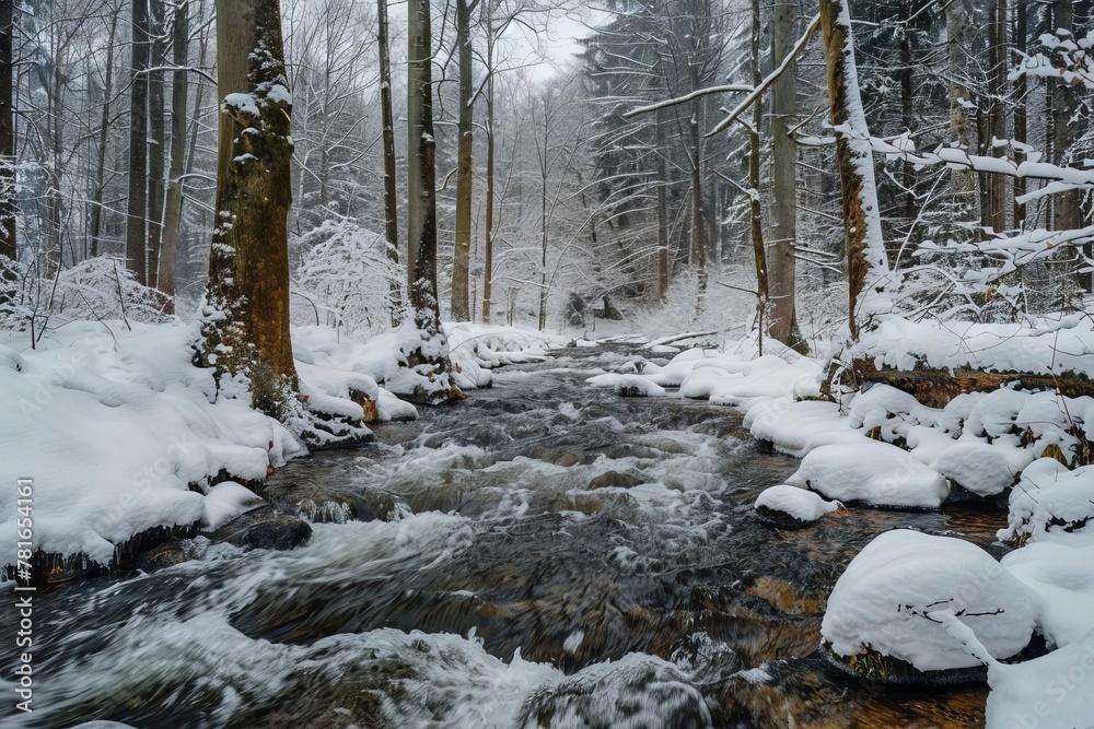 Wild River Flowing Through Snowy Forest in Winter, Nature Landscape Photography