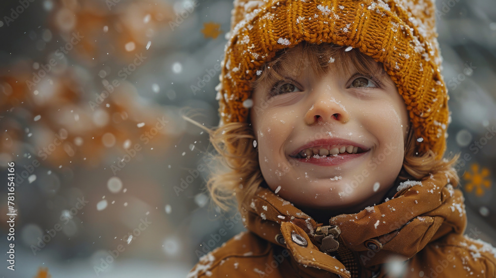 Child catching snowflakes tongue in winter clothes having fun. Kid wearing warm hat walking in winter park. Boy fall into snow in mountain country in snowy forest. Baby playing snow among snowdrifts.