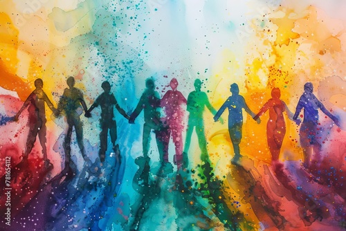 Watercolor painting of diverse people united, holding hands in colorful abstract style, diversity concept