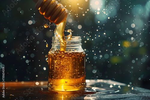 Liquid honey pouring out of a glass bottle © Erick