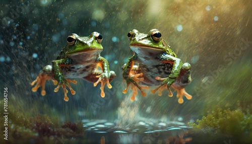 cute frogs jump into the air summer start and good feelings concept postcard wallpaper banner