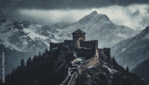 image of a majestic ancient fortress amidst snowy mountain range generative ai © Makayla