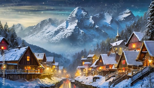 mountain village in the winter vector style illustration for your design generative ai