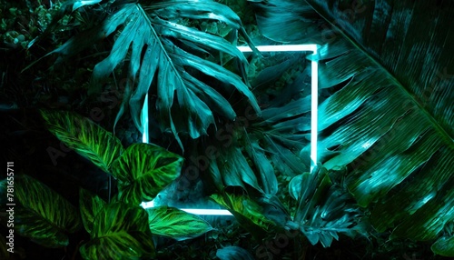creative fluorescent color layout made of tropical leaves with neon light square generative ai