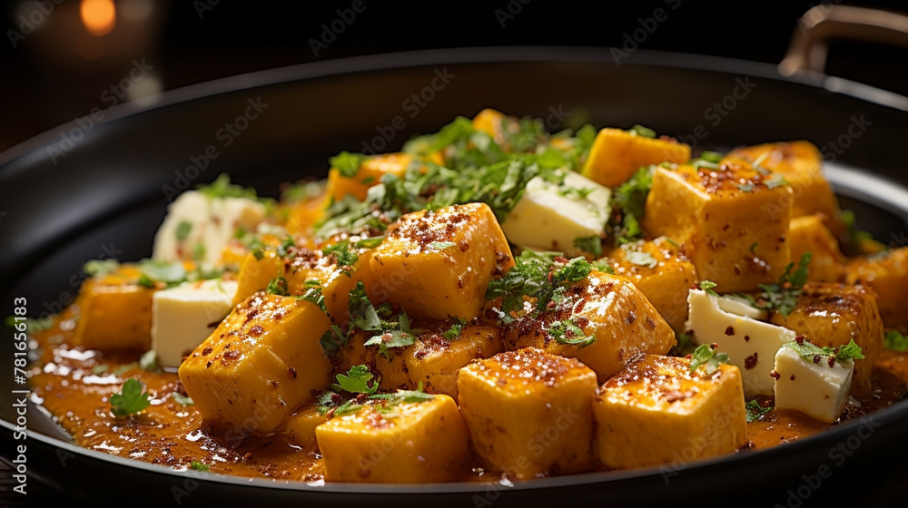 Wide traditional Indian food recipe banner mage, detailed closeup photo of butter paneer curry in a serving dish on a restaurant table in dark background Wide traditional Indian food recipe banner mage, detailed closeup photo of butter paneer curry in a serving dish on a restaurant table in dark background