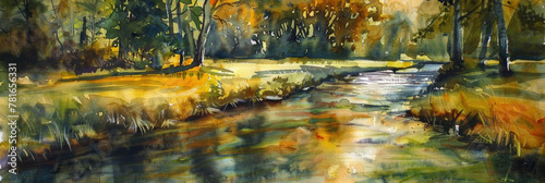 Watercolor painting depicting a stream meandering through a lush forest, with sunlight filtering through the canopy onto the flowing water