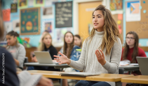 Confident young woman leads discussion in classroom, gesturing passionately while engaging her peers. Dynamic student participation captured in educational environment. Education and emotions concept