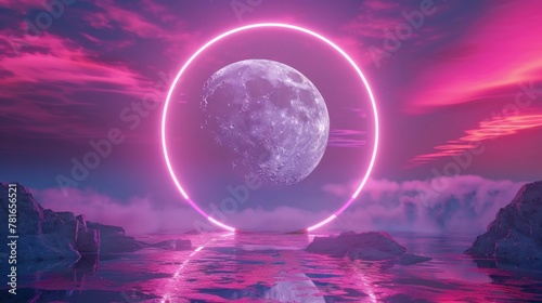 full moon inside a neon circle with clouds and starry sky background in high resolution