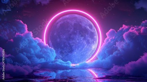 full moon inside a neon circle with clouds and starry sky background in high resolution and quality