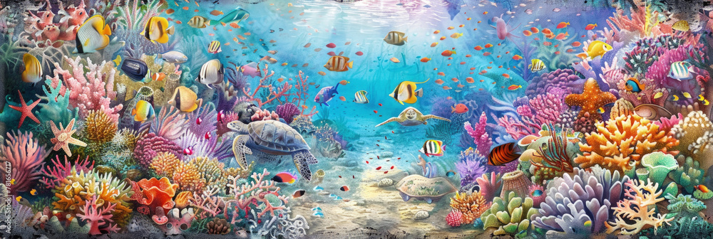 Watercolor painting of vibrant underwater scene teeming with various fish swimming among colorful corals