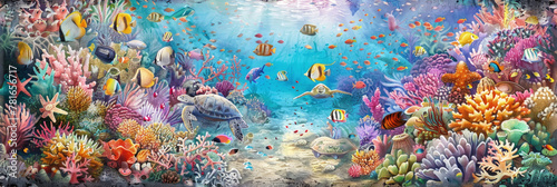 Watercolor painting of vibrant underwater scene teeming with various fish swimming among colorful corals © sommersby