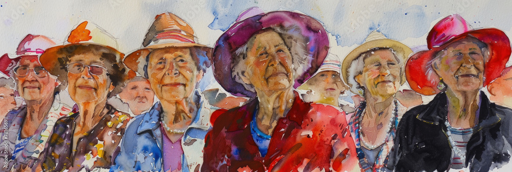 A group of senior women adorned in colorful hats with expressive faces stand together at a daytime social gathering