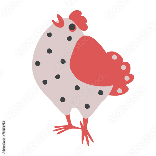The cute hen. A white chicken with black peas. Vector illustration. Isolated object on white background