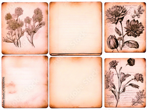 set of vintage painted papers botanical elements photo