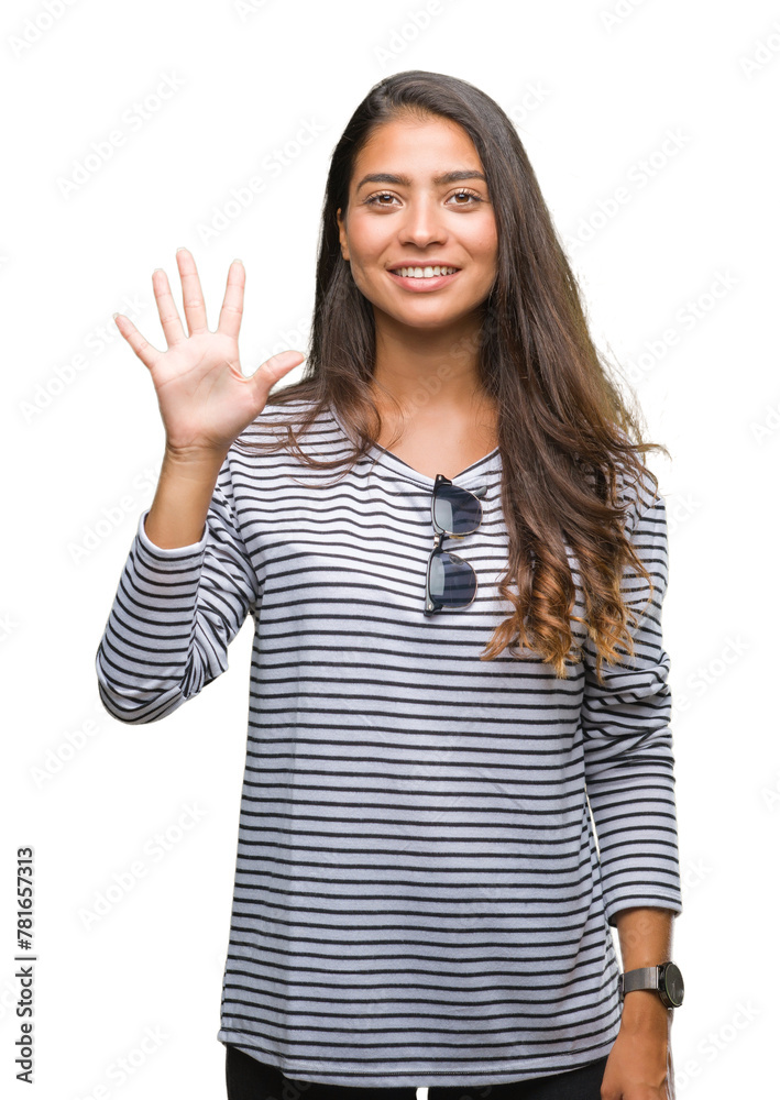 Young beautiful arab woman wearing sunglasses over isolated background showing and pointing up with fingers number five while smiling confident and happy. Young beautiful arab woman wearing sunglasses over isolated background showing and pointing up with fingers number five while smiling confident and happy.
