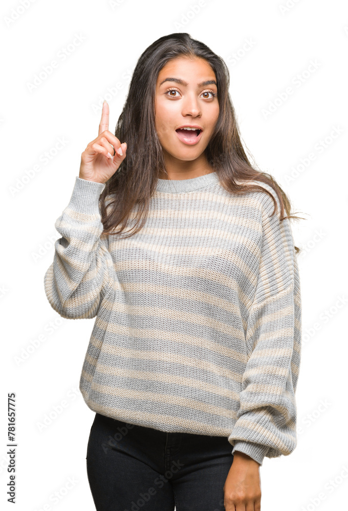 Young beautiful arab woman wearing winter sweater over isolated background pointing finger up with successful idea. Exited and happy. Number one. Young beautiful arab woman wearing winter sweater over isolated background pointing finger up with successful idea. Exited and happy. Number one.