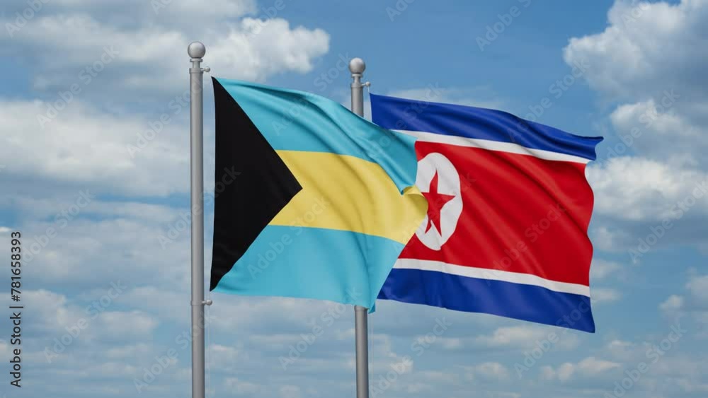 North Korea and Bahamas two flags waving together, looped video North Korea and Bahamas two flags waving together, looped video