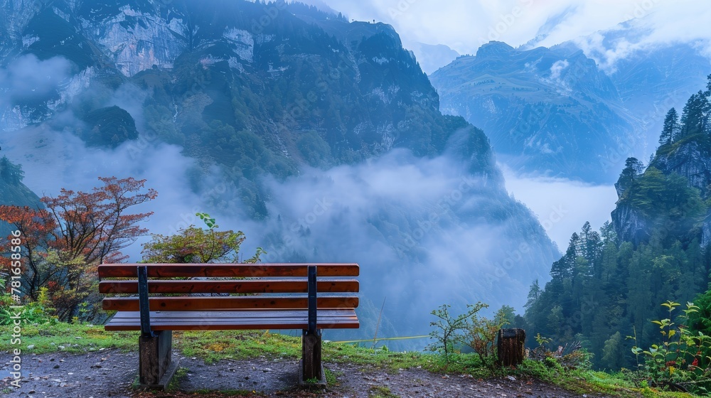 A peaceful mountain view with a wooden bench overlooking a misty valley, surrounded by lush greenery and a serene atmosphere A peaceful mountain view with a wooden bench overlooking a misty valley, surrounded by lush greenery and a serene atmosphere