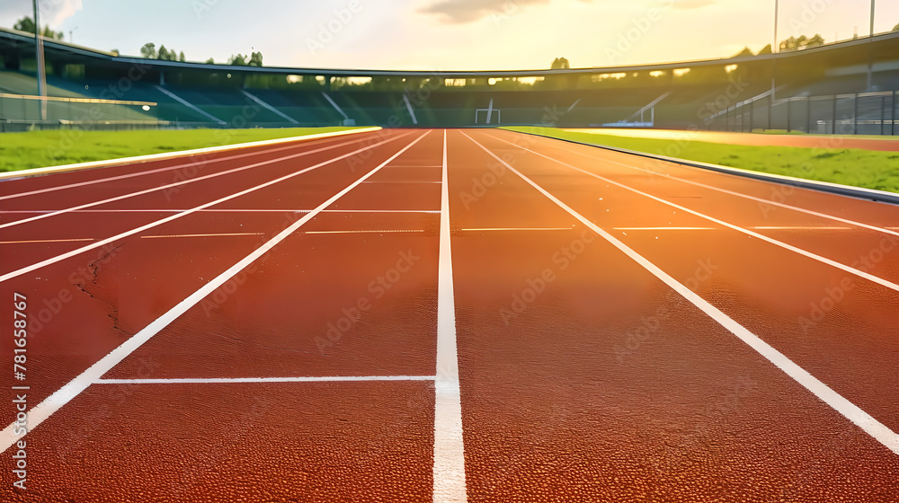 Running track in the stadium, Rubber coating, Smooth surface ready for runners , Dynamic sports setting Running track amidst lush green grass 