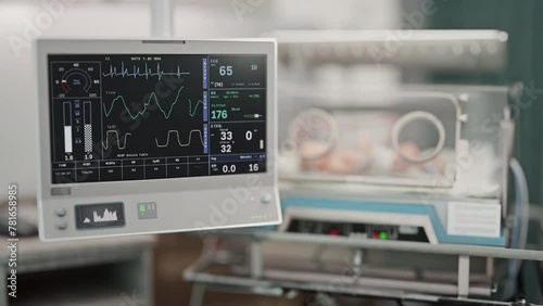 Lifesigns hospital monitoring device detecting death of a sick newborn child. Monitoring device alarming the doctors of patient death. Monitoring device displays quick death of an ill baby. photo