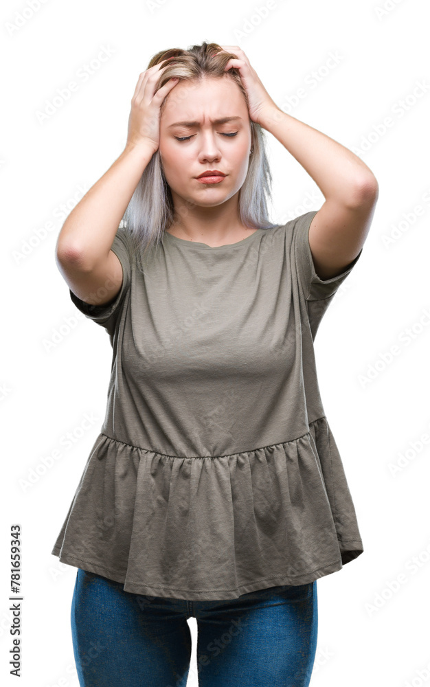 Young blonde woman over isolated background suffering from headache desperate and stressed because pain and migraine. Hands on head.