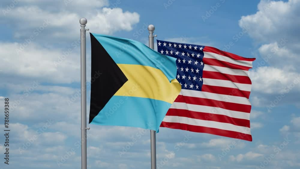 USA and Bahamas two flags waving together, looped video, two country cooperation concept USA and Bahamas two flags waving together, looped video, two country cooperation concept
