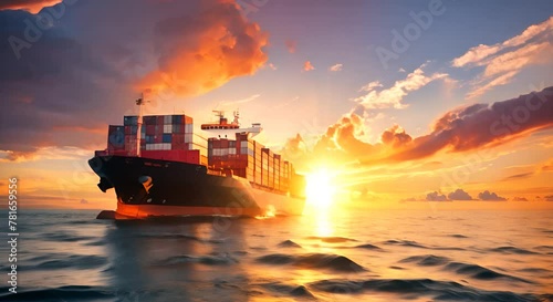 A large container ship sailing across the ocean at evening sunset with cargo ships for import and export logistics and world trade photo