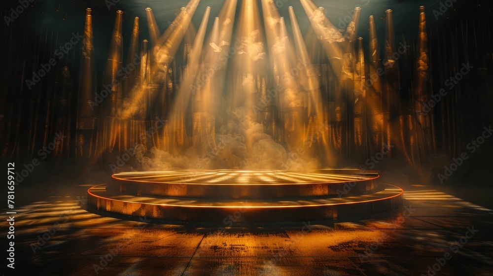 Mystical stage with dramatic lighting, surrounded by vertical beams in a dark, foggy environment, suggesting a futuristic or fantasy scene for performances or events.